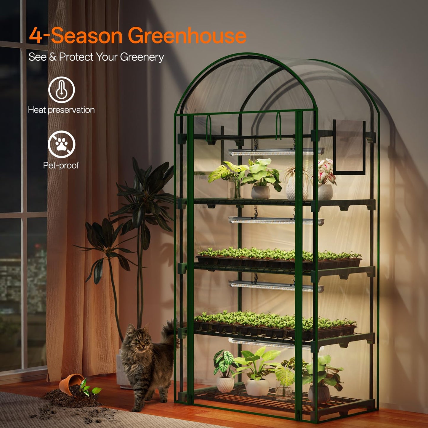 Bstrip Indoor Greenhouse with Grow Light, 4-Tier Mini Green House, 4Pcs Grow Lights for Indoor Plants with Timer, Zippered PVC Grow Tent with Airflow Windows, Indoor Greenhouse Cabinet 35x19.3x63in