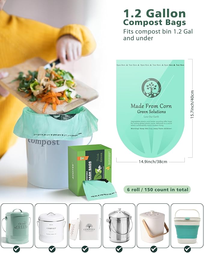 AYOTEE 150 Count Compostable Trash Bags 1.2 Gallon Small Trash Bags, Small Compost Bags for Countertop Bin, Unscented Biodegradable Trash Bags Small Garbage Bags for Bathroom Home Kitchen Office