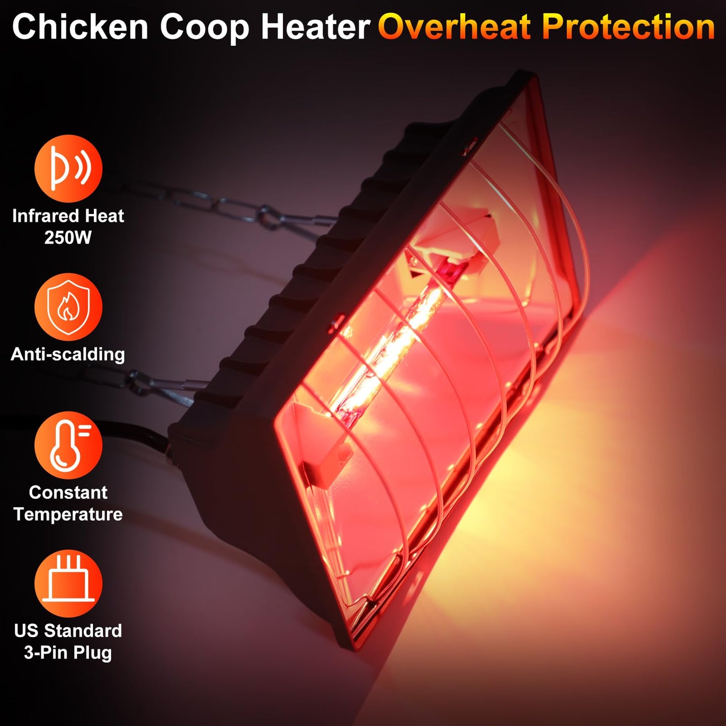 Chicken Coop Heater Lamps 250W, Upgraded Winter Brooder Heating Warmer Plate for Chicks Hens, Adjustable Temperature Hanging Heat Lamp with Lampshade and Chains for Ducks, Poultry House