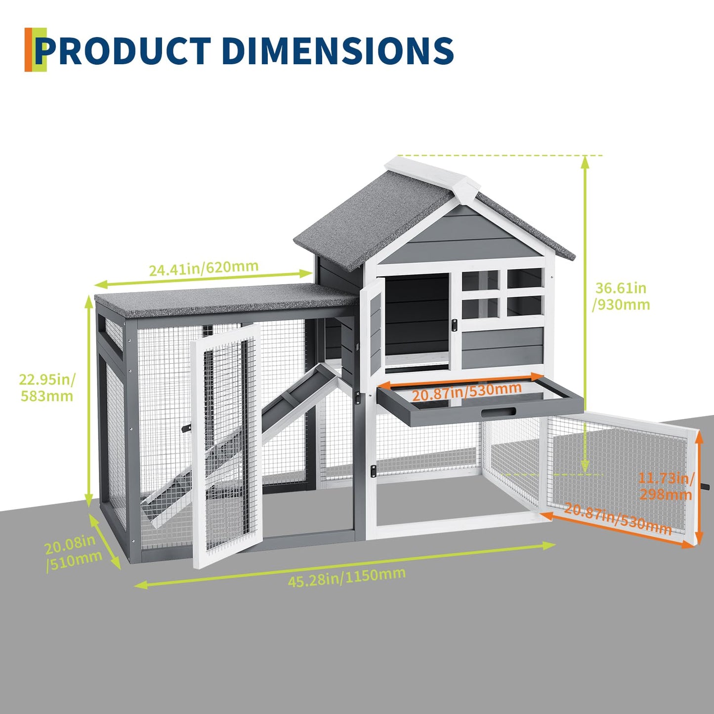 2-Tier Rabbit & Chicken House,Wooden Chicken Coop & Bunny Cage with Non-Slip Ramp, 4 Doors,Waterproof Roof & Pull-Out Tray,Outdoor/Indoor Pet Cage