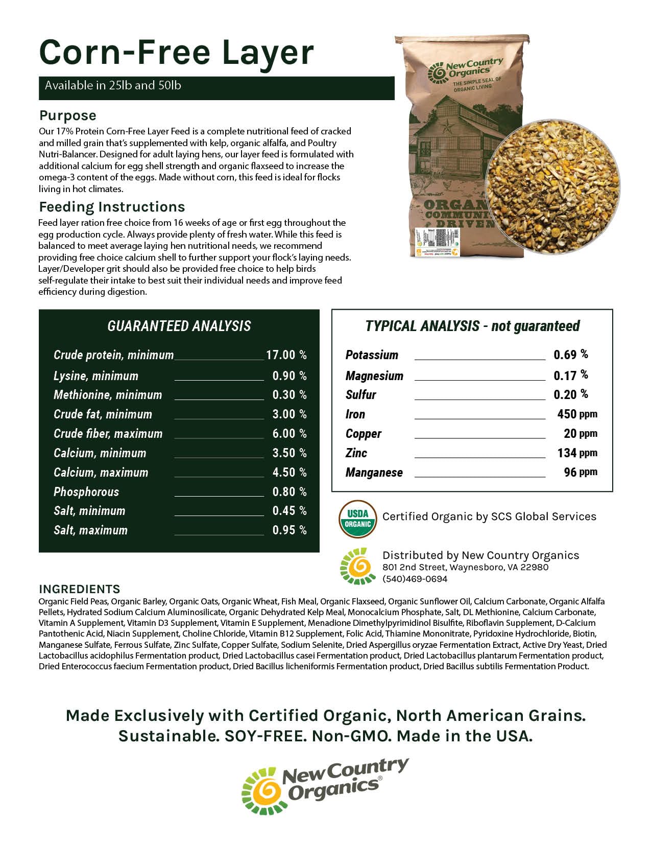 New Country Organics | Corn-Free Classic Layer Chicken Feed for Laying Hens | Corn-Free and Soy-Free | 17% Protein | Certified Organic and Non-GMO Chicken Food | 25lbs Bag