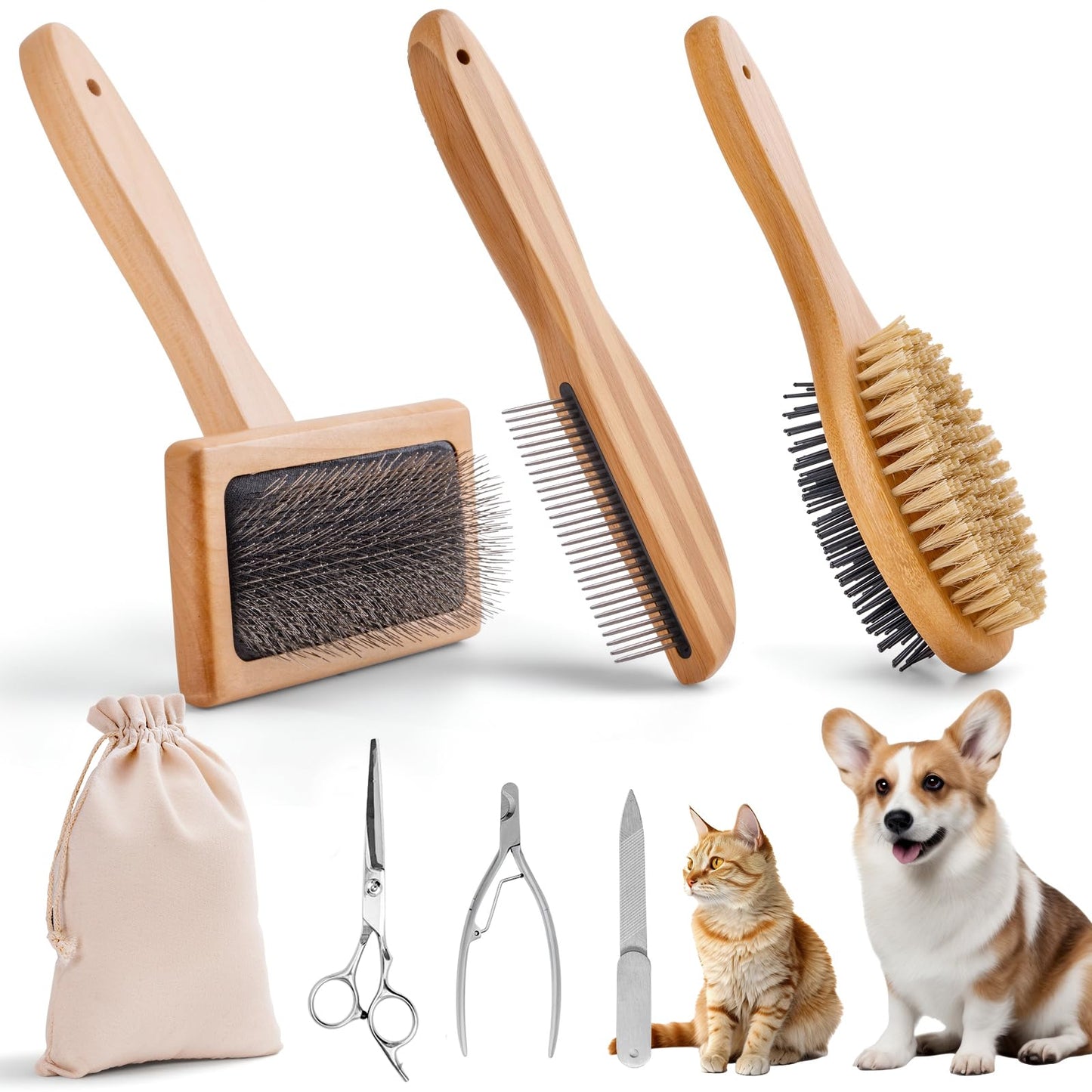 ElighMoo Dog Grooming Brush Kit,Deshedding Dog Brush for Shedding Short Hair Dogs with Pet Nail Clipper and File, Two Sided Pet Brushes for Dogs Removing Dirt & Loose Hair(7PCS) BLACK