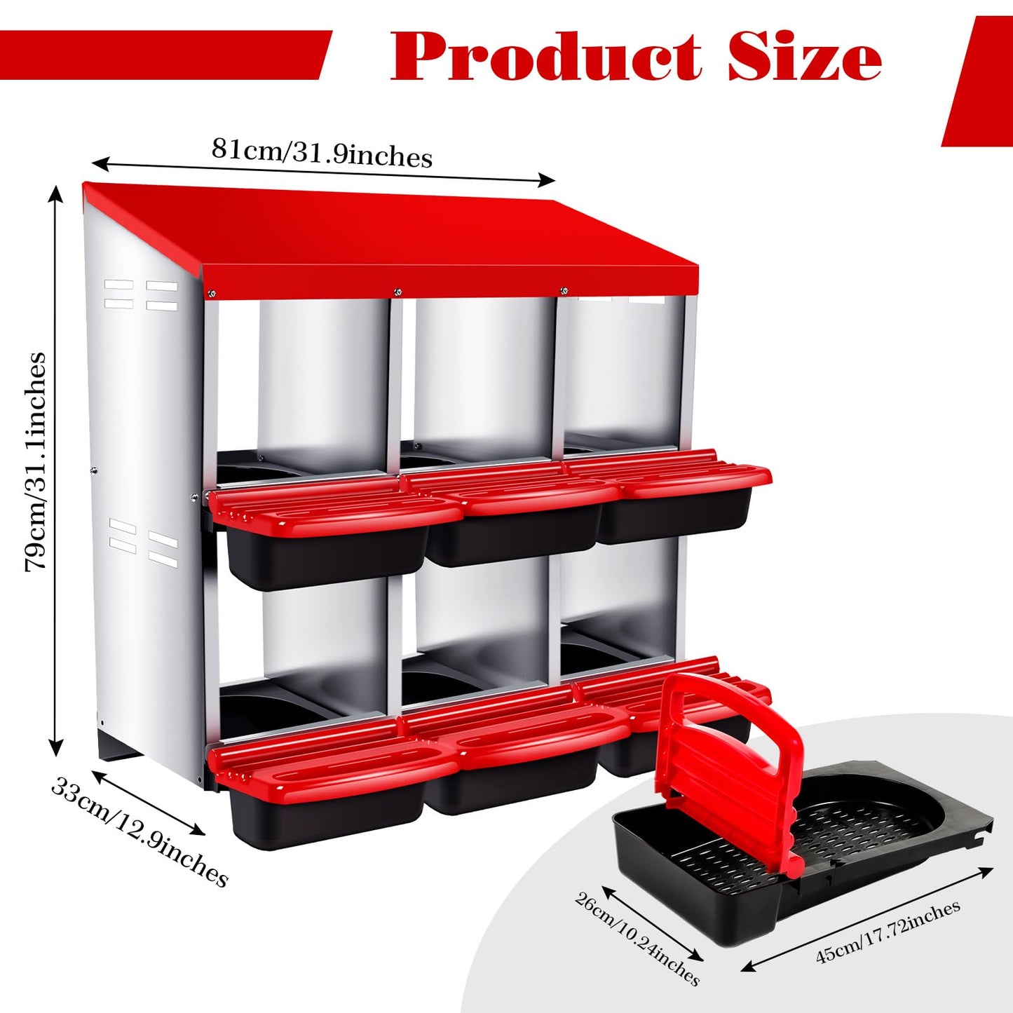 Chitidr Chicken Nesting Box, 6 Compartments Metal Chicken Laying Box with Roll Away Egg Collection and Perch, Rust Proofed Wall Mount Poultry Nesting for Hens Red
