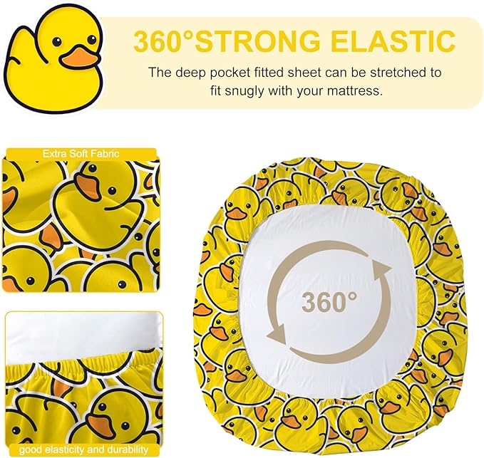 Yellow Rubber Duck Fitted Bed Sheet Set Kids Soft Microfiber Breathable Bedding All-Round Elastic Pocket 3 Pieces Fitted Sheet Set for Boys and Girls (Queen)