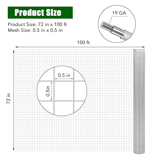 Hardware Cloth 1/2 inch 72 x 100 ft 19 Gauge Chicken Wire Fence Galvanized Steel Mesh Rolled Fencing for Garden Supports Poultry Netting Cage Snake Fence Tree Guard, Silver