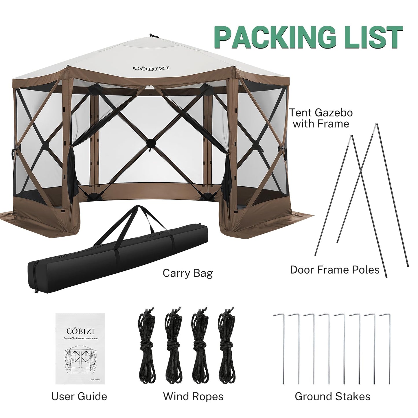 COBIZI 12x12ft Pop up Gazebo Screen Tent Screen House for Camping, Camping Outdoor Screened Gazebo with Sidewalls, Portable Hub Tent with Carrying Bag and Ground Stakes, Brown(Upgraded 2.0)