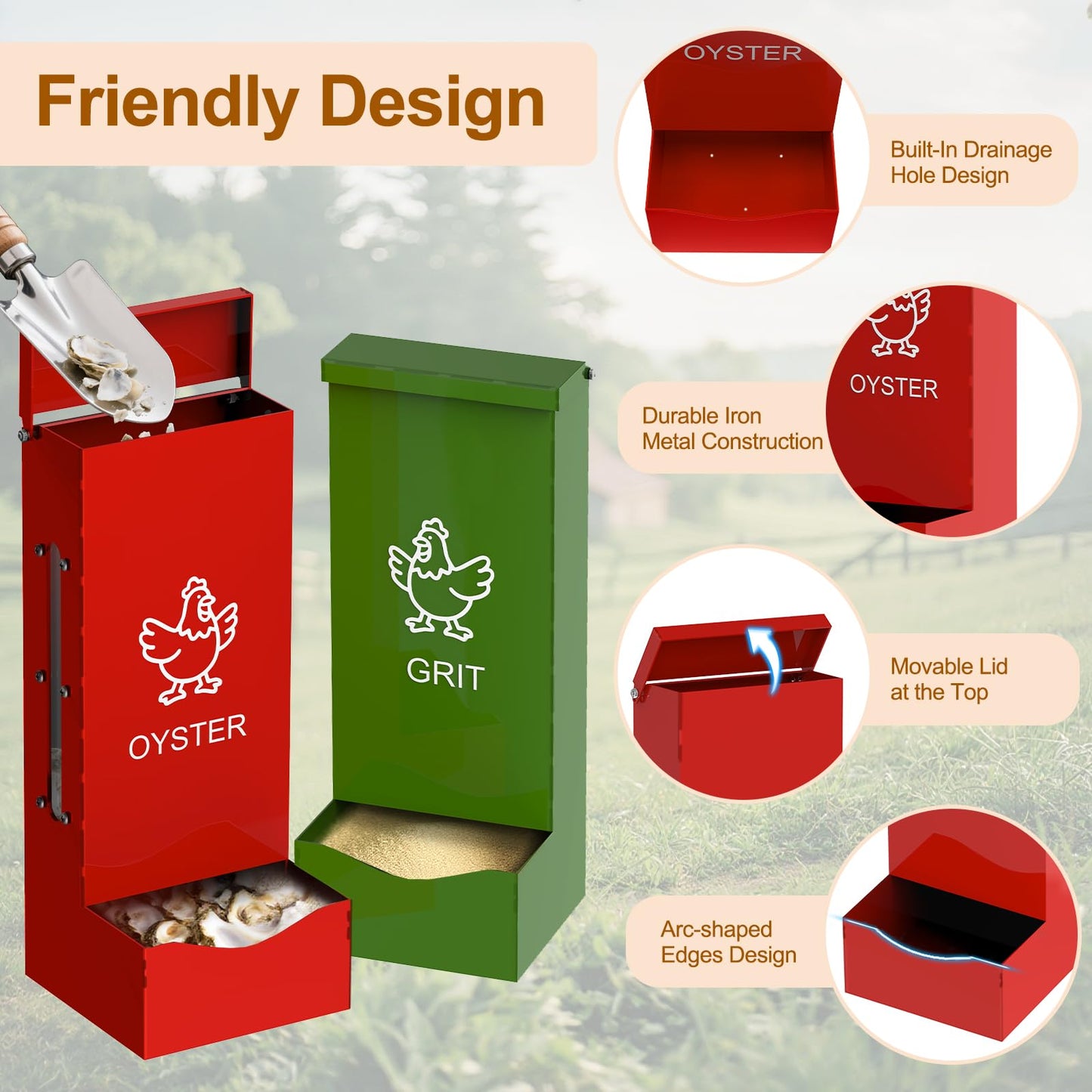 ULENDIS 2 Pack Chicken Oyster Shell Feeder and Grit Feeder, Heavy Duty Metal Automatic Chicken Feeders with Lid, Gravity-Fed Chicks Food Dispenser Hanging Poultry Feeders for Coop Ducks, Pigeons