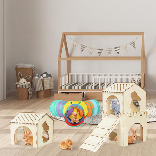 Extra Large Sturdy Rabbit Hideout with 3 Way Tunnels, Wooden Bunny Castle with Stairs, Rabbit Hideout Castle Tower Toys for Indoor Outdoor Play
