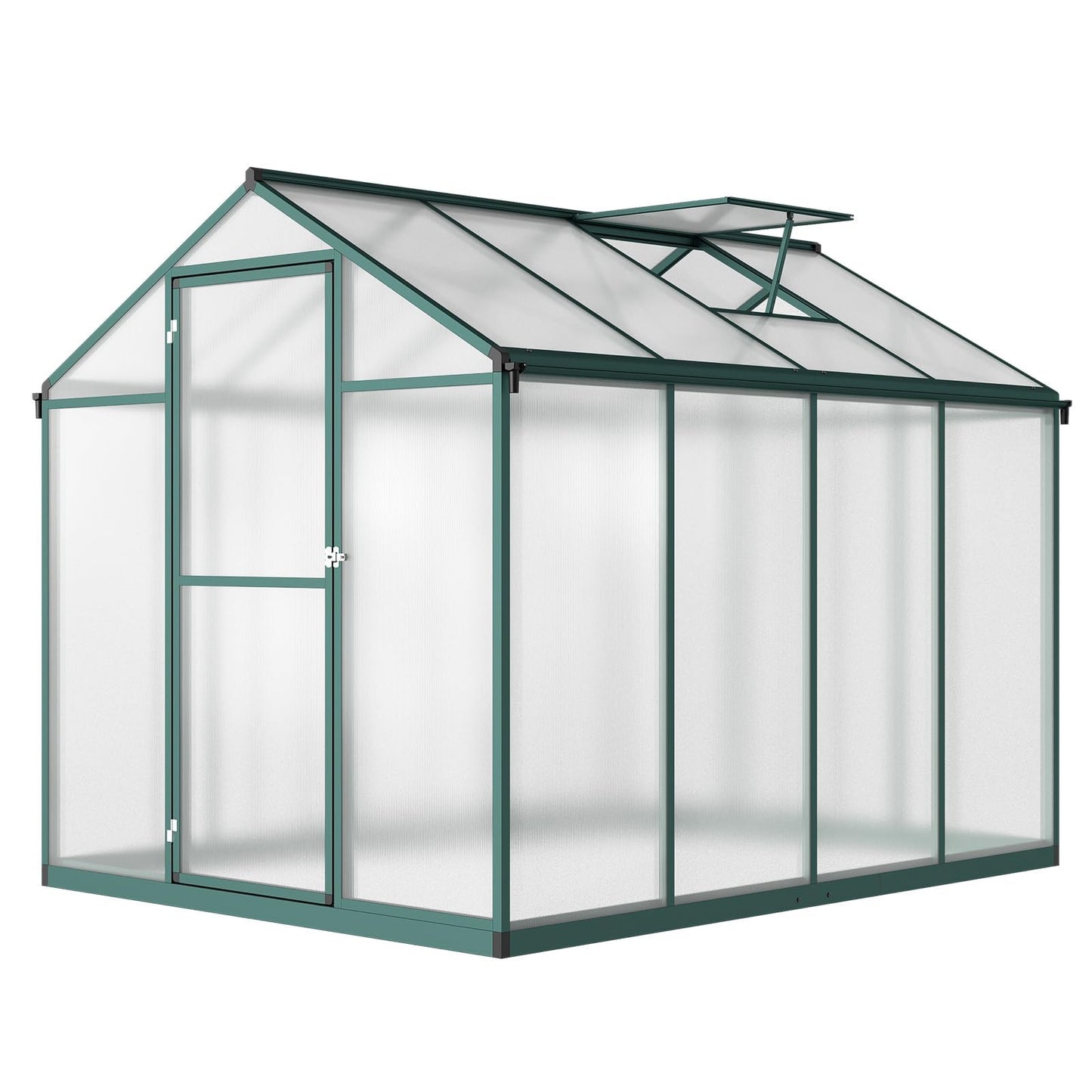 EcoSummer Greenhouse for Outdoors 8 x 6.25 Ft, Polycarbonate Greenhouse with Lock, Roof Windows Vent and Rain Gutter, Aluminum Large Walk-in Green Houses, for Patio Garden Backyard Outside, Green