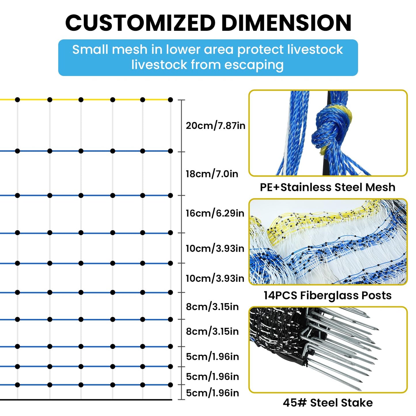 Electric Poultry Netting, 42" H x 164'L Electric Anti-Predator Poultry Fence, PE Net Fencing Kit with 14 Posts Double Spiked, Movable Livestock Nets for Chickens, Ducks, Geese, Sheep and Other Poultry