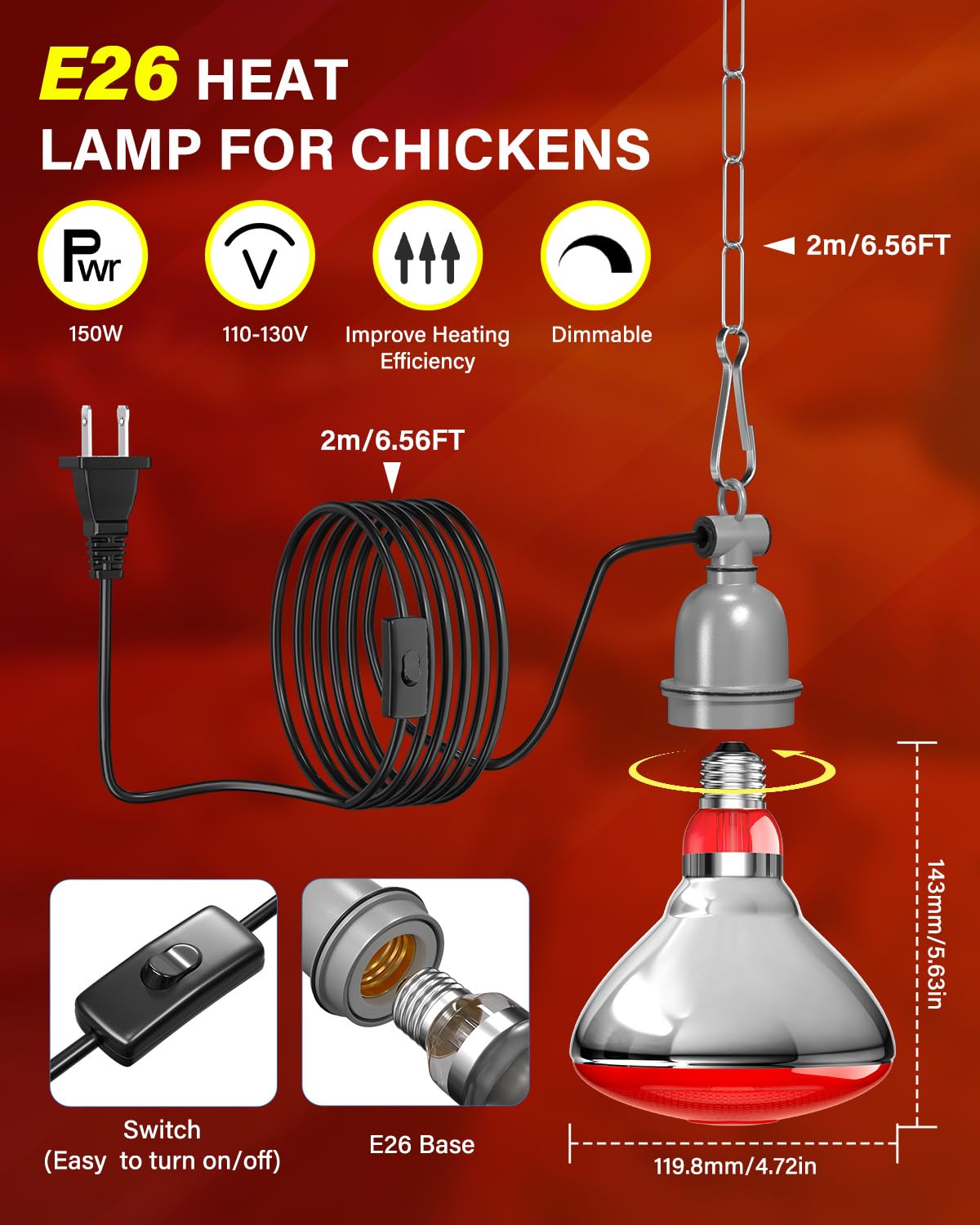 TobeBright Heat Lamp Bulbs for Chickens Coop Brooder with Plug in Cord,On/Off Switch,150 Watt E26 Reptile Heat Lamp Bulb Infrared Red Light for Chicks,Birds,Ducks,Dogs,Cats