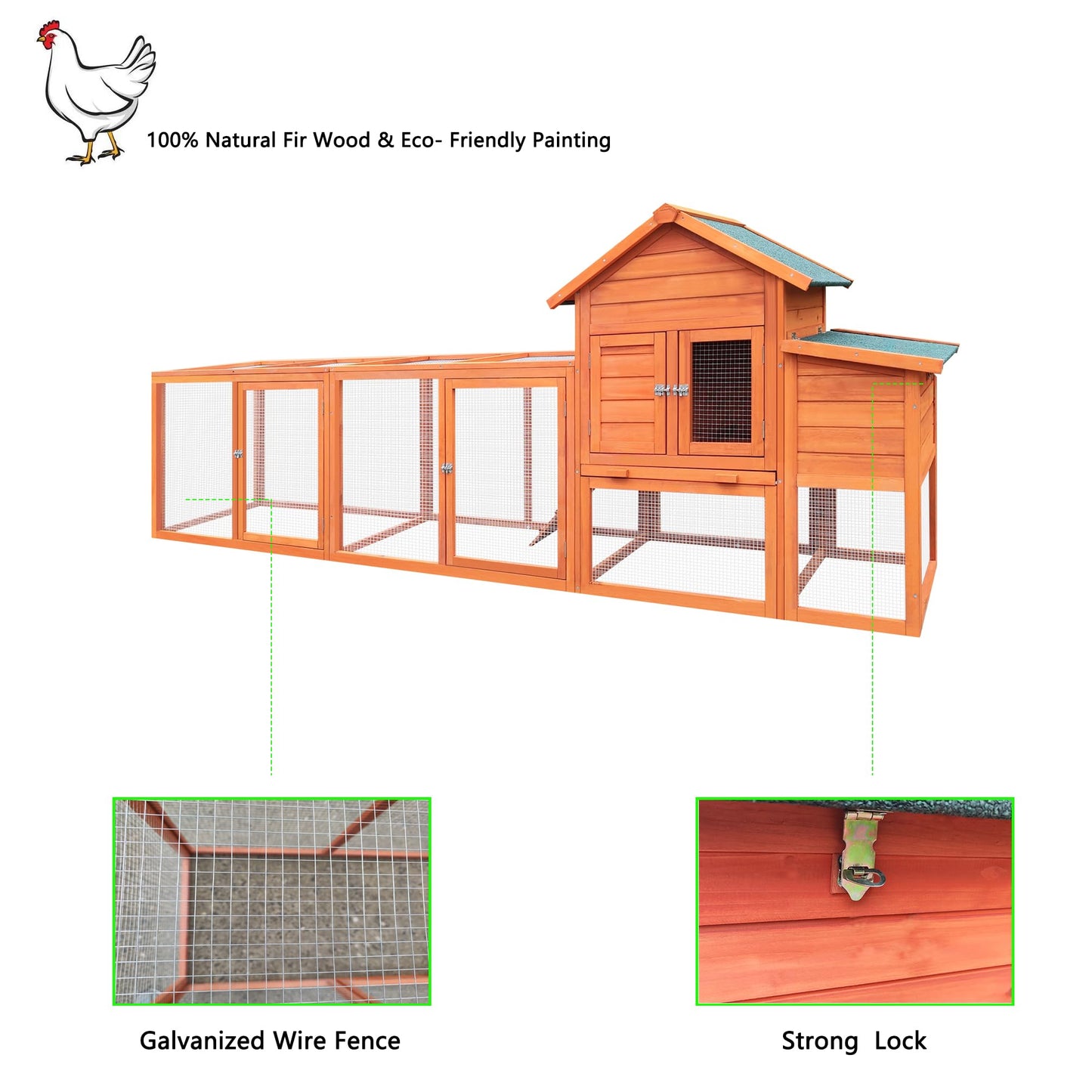 YOPTO 122" Wood Chicken Coop with Nesting Box,Outdoor Chicken Run W/Run&Perch,Wooden Large Hen House W/Ramp&Sliding Trays,Waterproof Poultry Cage W/Sloped Asphalt Roof,for Backyard Farm Use,Natural