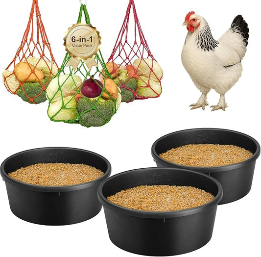 TINNMAO Rubber Feed Pan Set, 3 PCS 1-Gallon/4-Quart Chicken Feeder Pan with 3 Mesh Veggie Bags (24" x 0.12"), Thickened Heavy Duty Tub Feeding Bucket Bowls for Outdoor Livestock Duck Water & Dust Bath