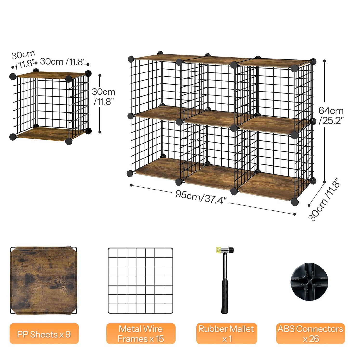 HOOBRO Cube Storage Organizer, 6-Cube Metal Grid Storage Shelf, Modular Cabinet, DIY Wire Bookshelf, for Living Room, Bedroom, Study, Rustic Brown and Black BF06CW01