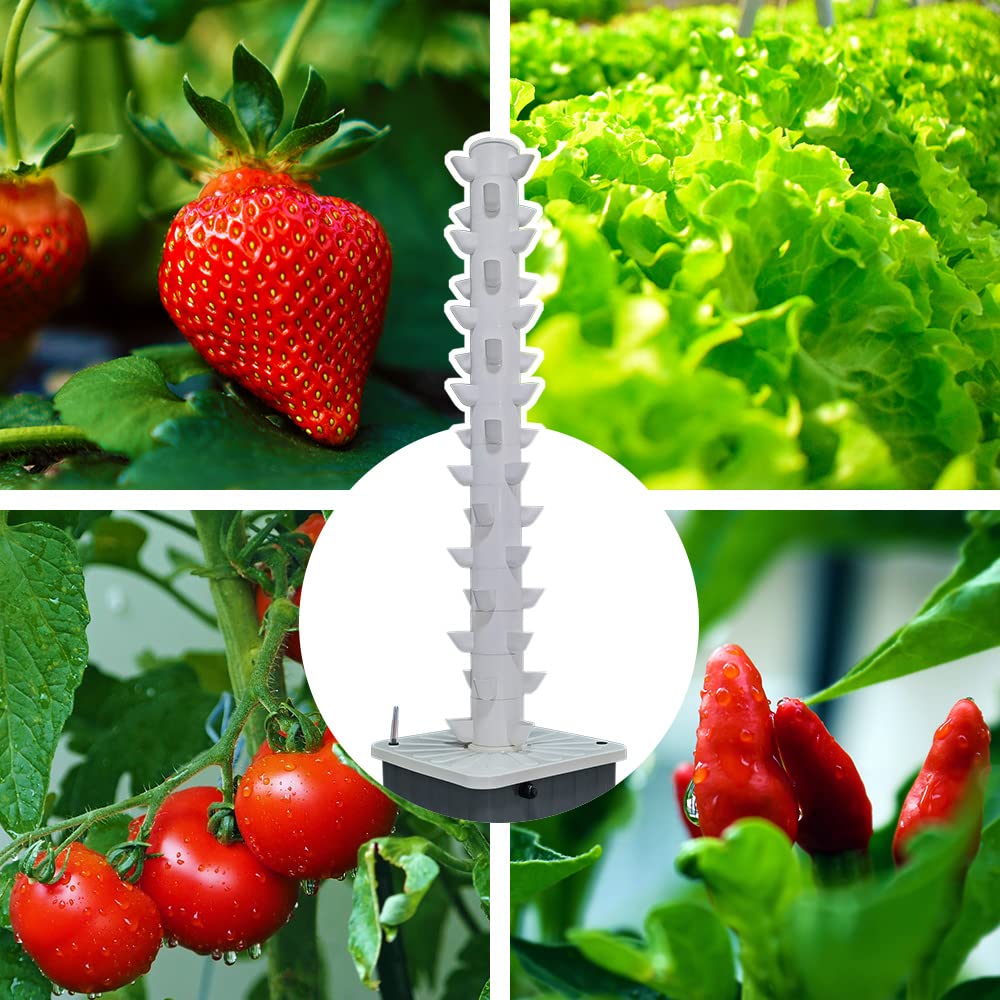 TIRUSS Vertical Hydroponic Grow Tower Aeroponic Tower for Herbs, Fruits and Vegetables 15 Layer 45 Plants Sites with Movable Water Tank Hydrating Pump, Timer, Adapter (45 pots)