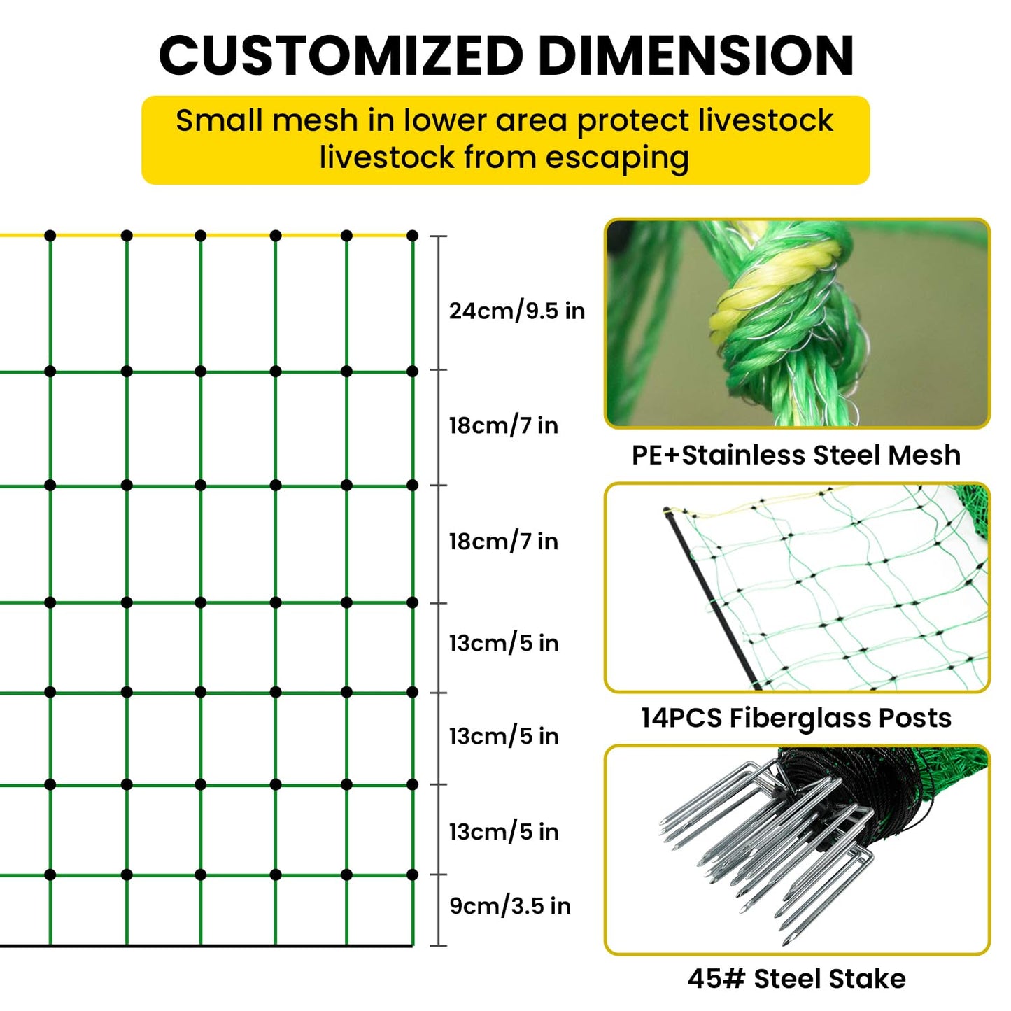 Electric Fence Netting, 42.6" H x 164'L Electric Anti-Predator Poultry Fence, PE Net Fencing Kit with 14 Posts Double Spiked, Movable Livestock Nets for Sheep, Hogs, Cattle and Other Poultry