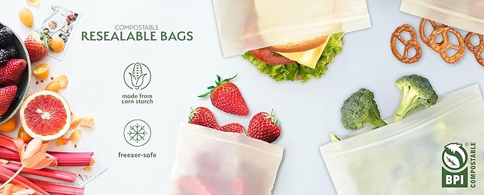Earth's Natural Alternative Compostable Food Storage Bags, Reusable, Quart | Eco-Friendly | Freezer Safe | Resealable | 100 Count, Pack of 12