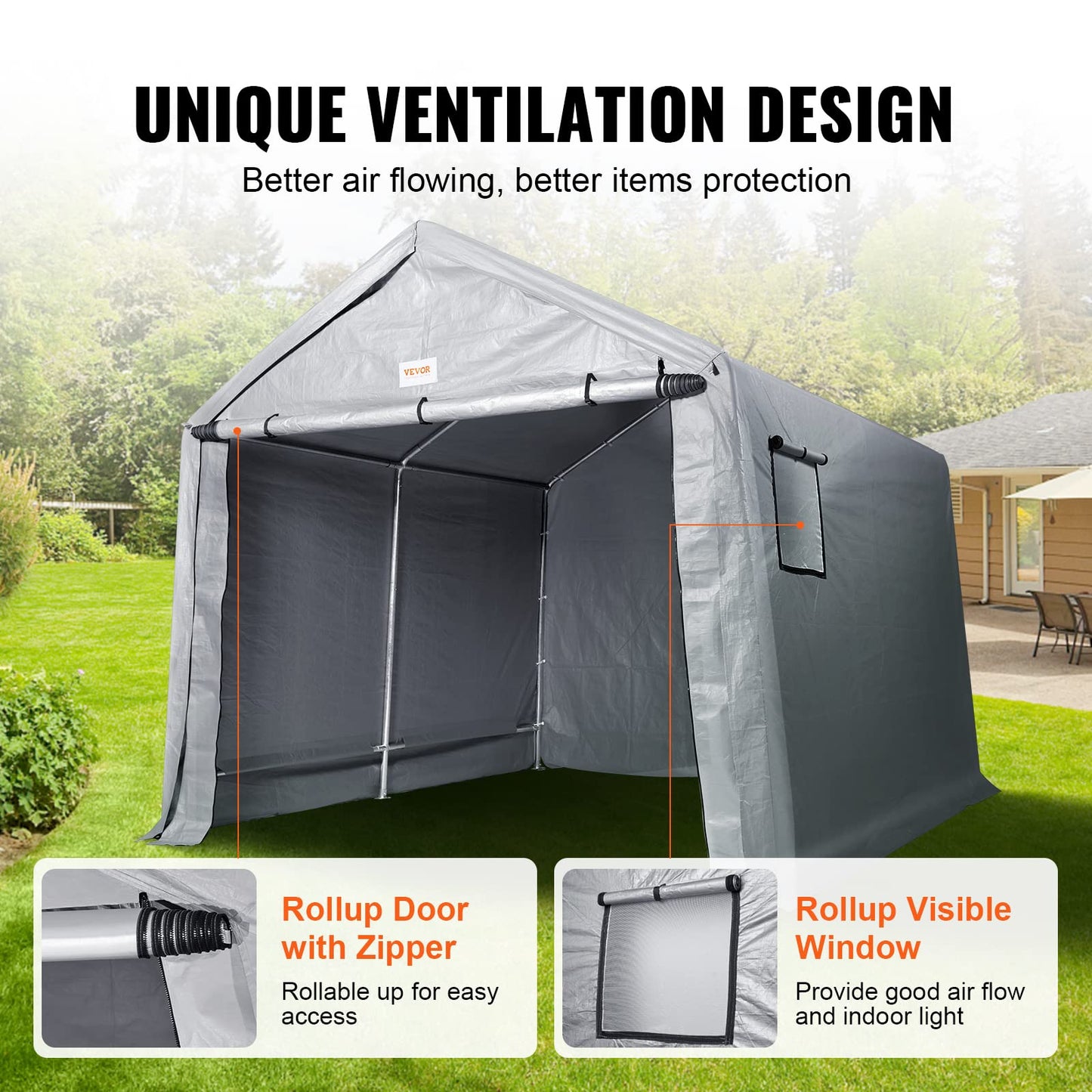 VEVOR Portable Shed Storage Shelter Outdoor, 10x10x8.5 ft Heavy Duty Instant Storage Tent Tarp Sheds with Roll-up Zipper Door and Ventilated Windows for Motorcycle, Bike, Garden Tools