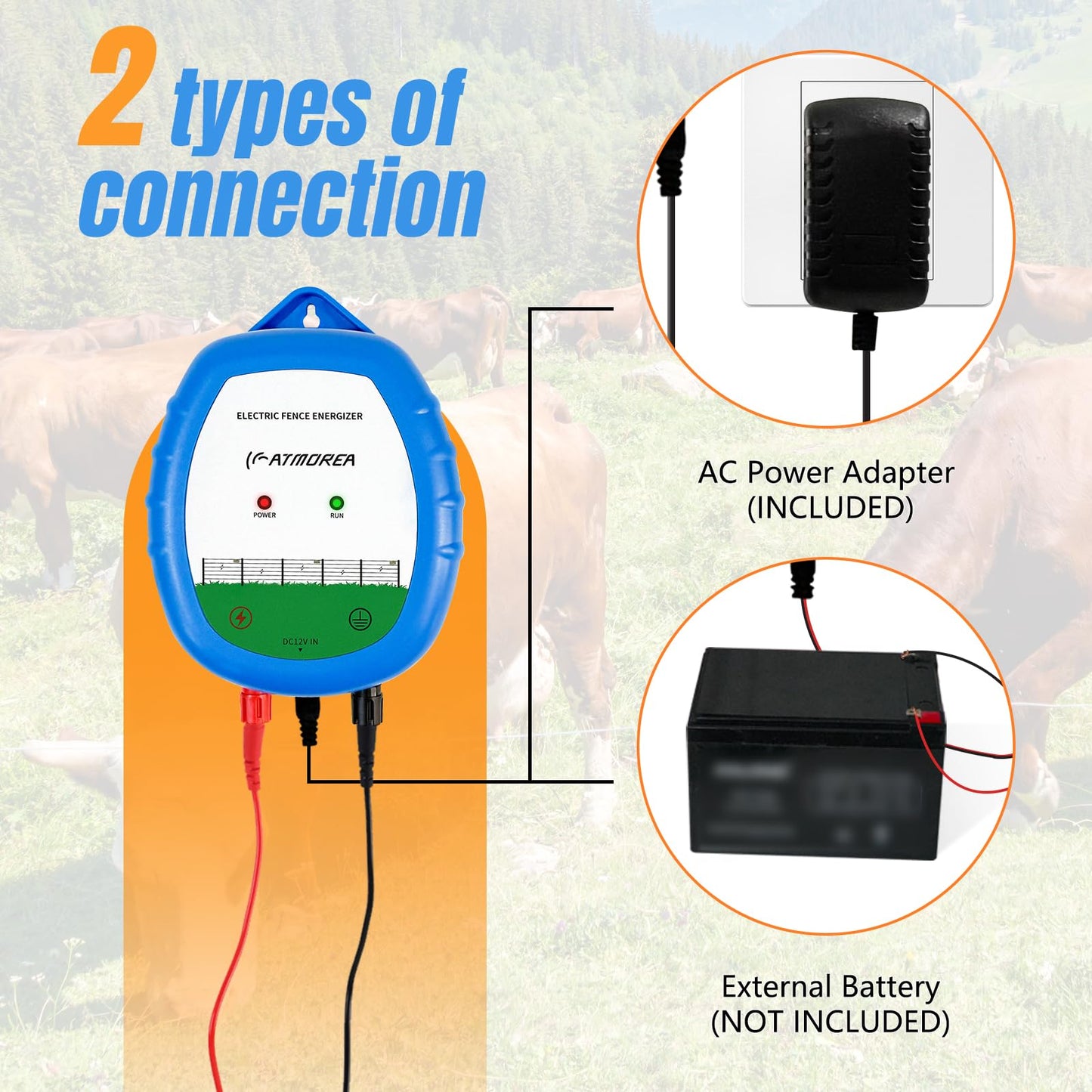ATMOREA Electric Fence Charger - Multi-Powered, 8 kV, 0.5 Joules Output Energizer, Ideal for Livestock, Pet, Poultry, Gardens, Orchards Protection - Up to 5-Mile Range