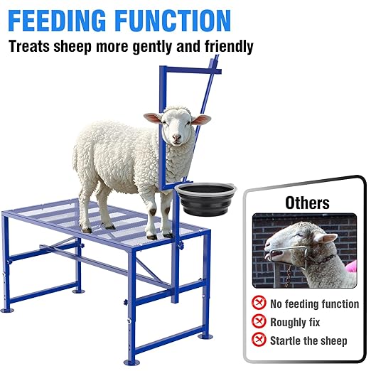 Goat Stand for Milking with Feed Bin, 600LBs Goat Milking Stand for Sheep Trimming Hoof, Use for Livestock, Iron Blue, Adjustable Size