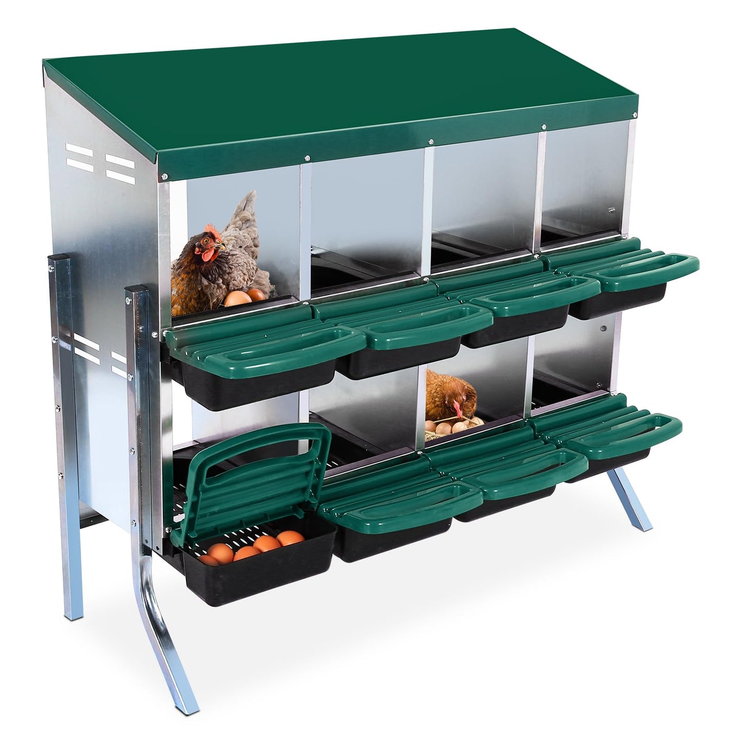 Garvee Chicken Nesting Boxes, 8 Hole Metal Chicken Laying Box with Removable Trays and Roll Out Egg Collection for Chicken Coop, with Metal Legs, Green