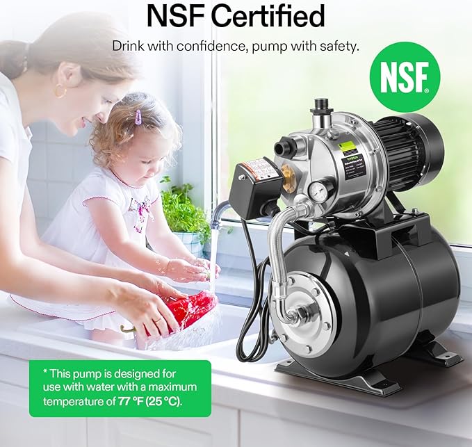 VIVOSUN 1.6 HP Shallow Well Pump with Pressure Tank, NSF Certified, 1320 GPH, Stainless Steel, Automatic Water Booster Jet Pump with Two Adapters for Home, Garden, Lawn