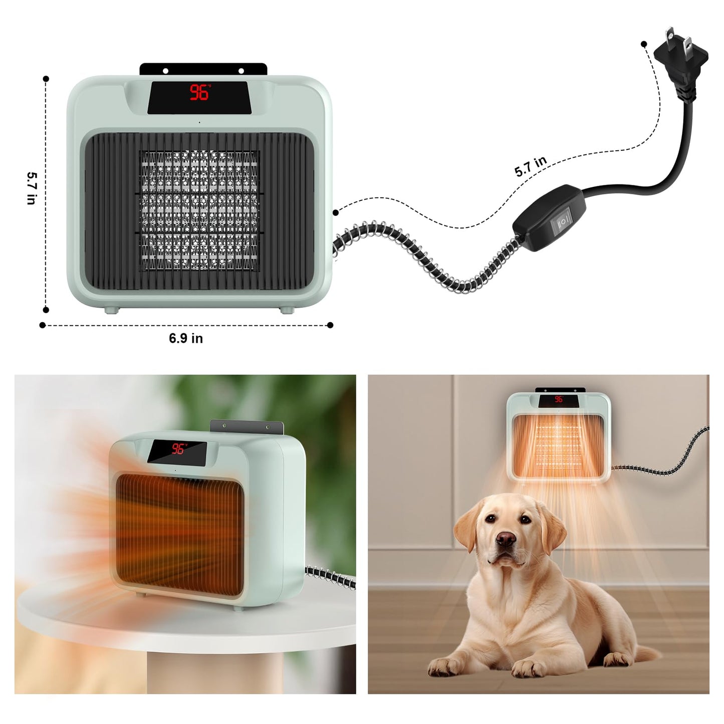 Dog House Heater for Outdoor & Indoor Use - 600W/300W Safe & Efficient Heating for Pet Houses, Chicken Coops, Rabbit Hutches - Wall-Mounted Design with Overheat Protection & Anti-Chew Cord (grey)