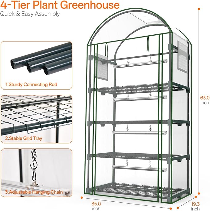 Bstrip Indoor Greenhouse with Grow Light, 4-Tier Mini Green House, 4Pcs Grow Lights for Indoor Plants with Timer, Zippered PVC Grow Tent with Airflow Windows, Indoor Greenhouse Cabinet 35x19.3x63in