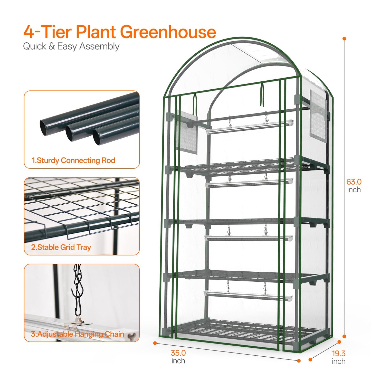 Bstrip Indoor Greenhouse with Grow Light, 4-Tier Mini Green House, 4Pcs Grow Lights for Indoor Plants with Timer, Zippered PVC Grow Tent with Airflow Windows, Indoor Greenhouse Cabinet 35x19.3x63in