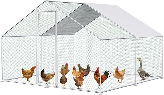 Large Metal Chicken Coop Run Cage Walk-in Poultry with Cover Chicken Pen for Yard with Waterproof and Anti-Ultraviolet Cover Outdoor Farm Use Rabbits House Duck Habitat, 2 Rooms