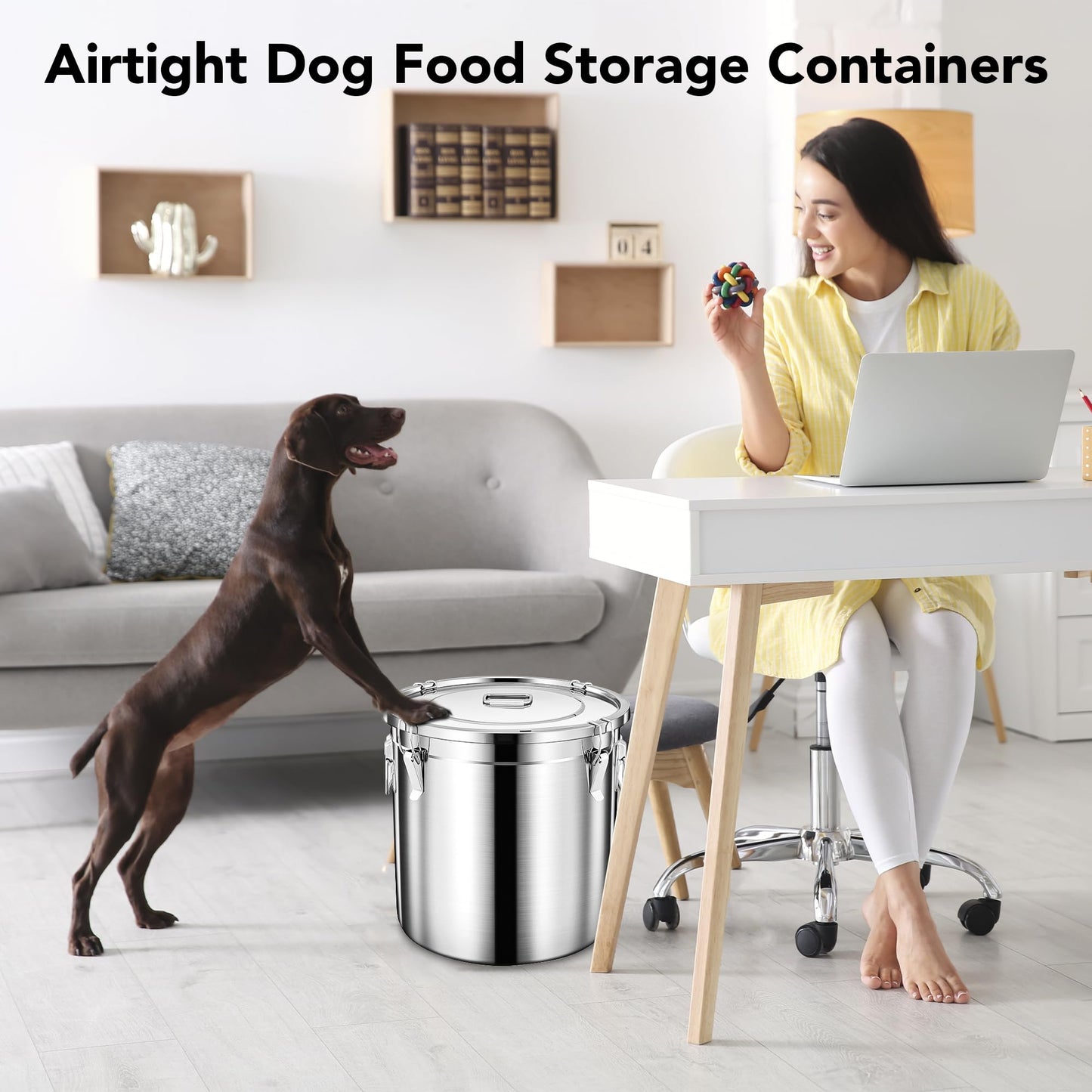 Newget Dog Food Storage Containers, Large Stainless Steel Pet Food Storage Containers 25 lb / 11.5 kg to Keep Fresh, Metal Airtight Cat Food Containers With Scoop and 2 Small Containers