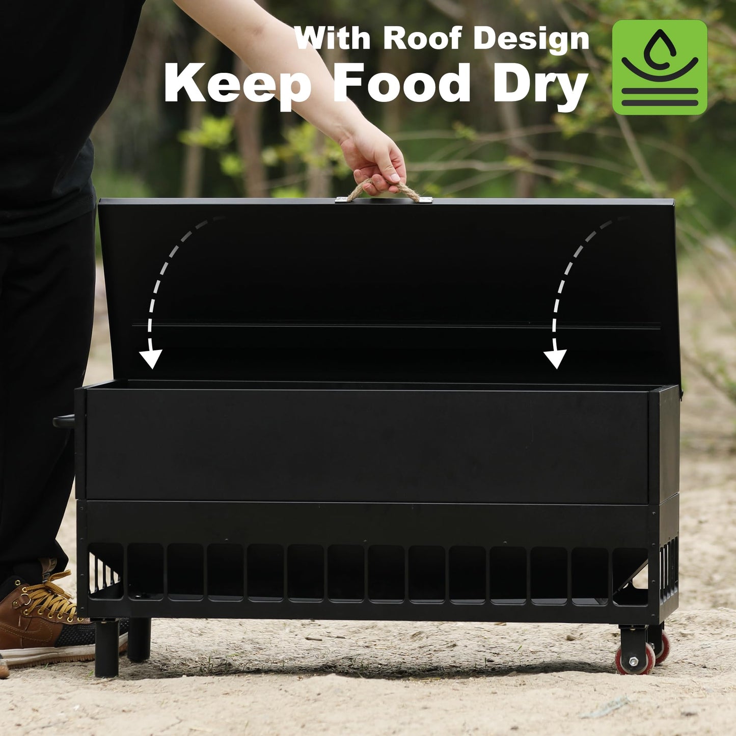 Solution4Patio 120LB Large Free Standing Chicken Feeding Barrel, Metal Poultry Feeder Set, Hen Coop, 38 Feeding Ports Portable Gravity Chicken Feeder