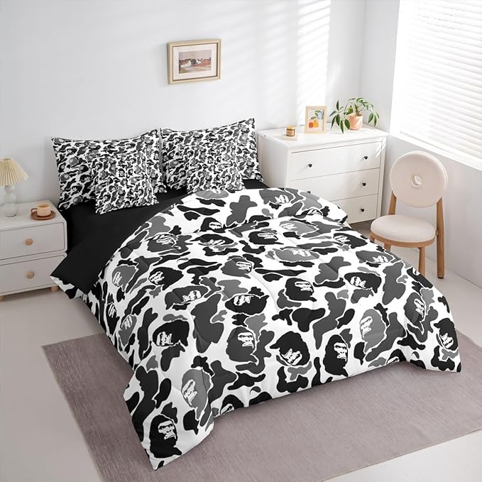 Feelyou Camo Comforter Set with Sheets 7 Piece Twin Size Camouflage Bedding Set for Kids Boys Girls Camo Monkey Bed in a Bag Hunting Room Decor Grey and Black Soft Lightweight Microfiber