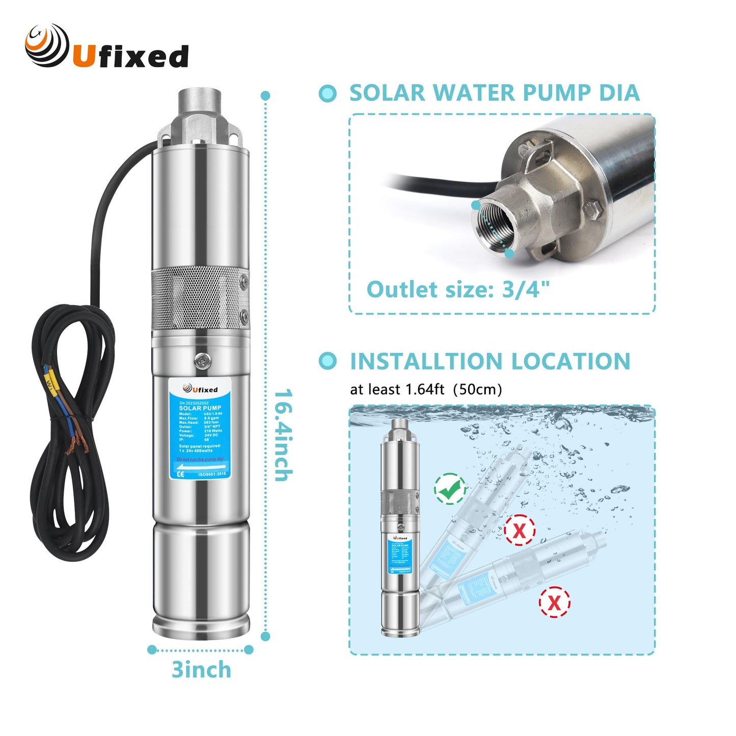 Solar Well Pump With MPPT Controller 7.9GPM 320Ft Head 3/4" Outlet 3" OD 270W Food-Safe Stainless Steel 24V DC Deep Well Pump