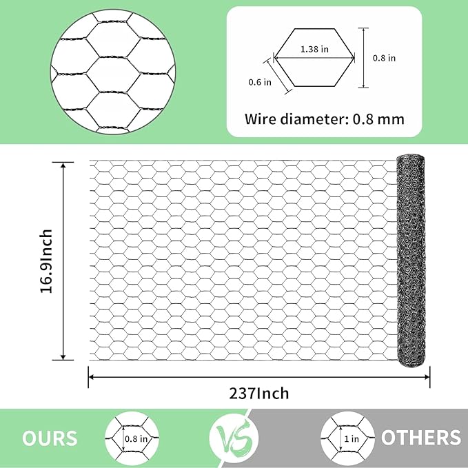 Chicken Wire 16.9 in x 237 in Poultry Wire Netting Hexagonal Galvanized Mesh Garden Fence Barrier for Pet Rabbit Chicken Fencing(PVC-Coated)