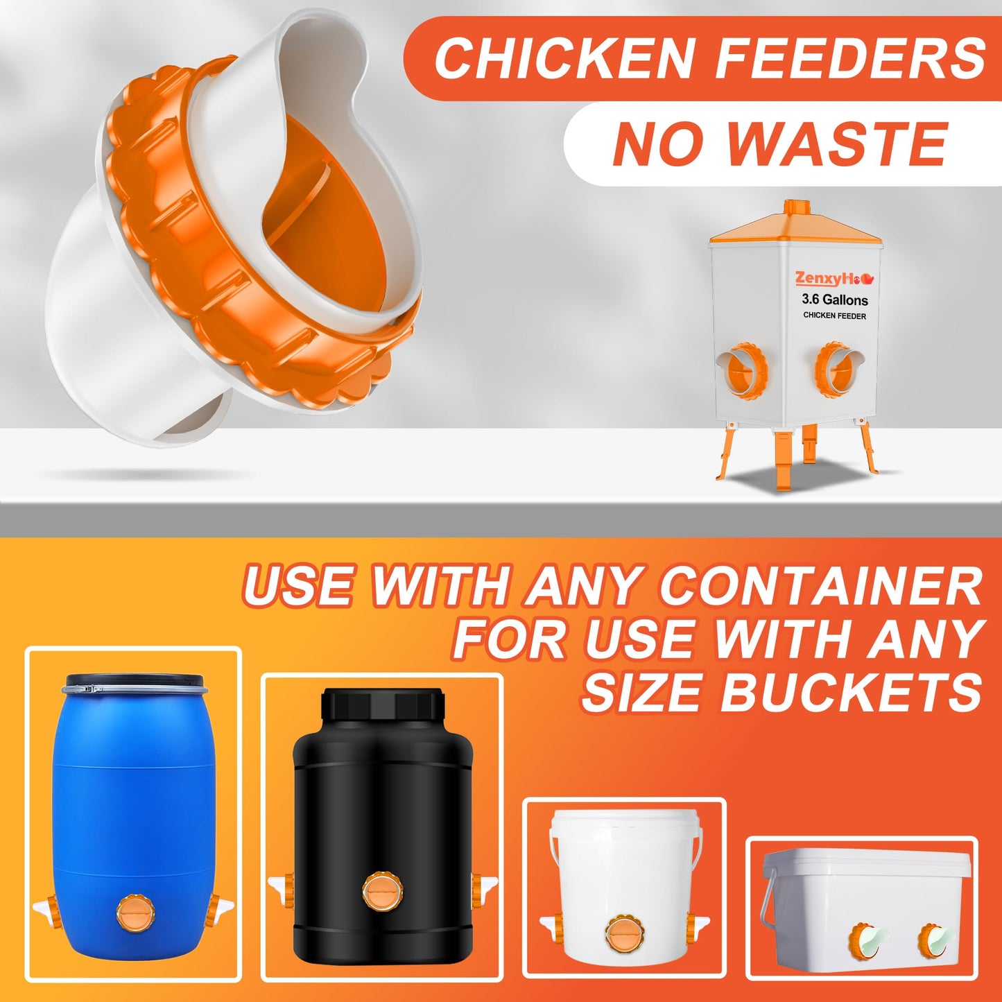 ZenxyHoC DIY Chicken Feeders No Waste, 8 Ports Poultry Feeder with Hole Saw for Buckets Troughs Orange