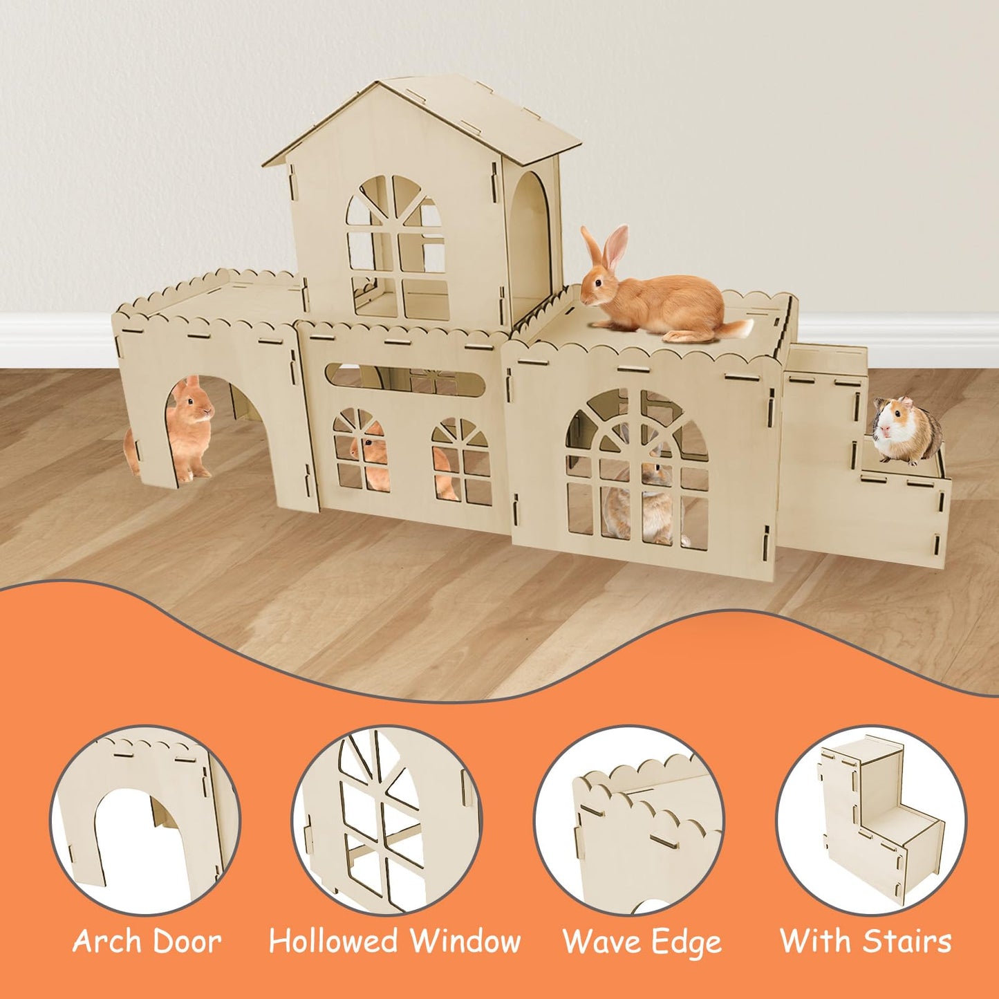 YUEPET Extra Large Wooden Bunny Castle, Ventilated Rabbit Castle Hideaway with Stairs, Detachable Small Animal Hideout & Habitats for Indoor Outdoor Dwarf Rabbits Bunnies to Hide & Play