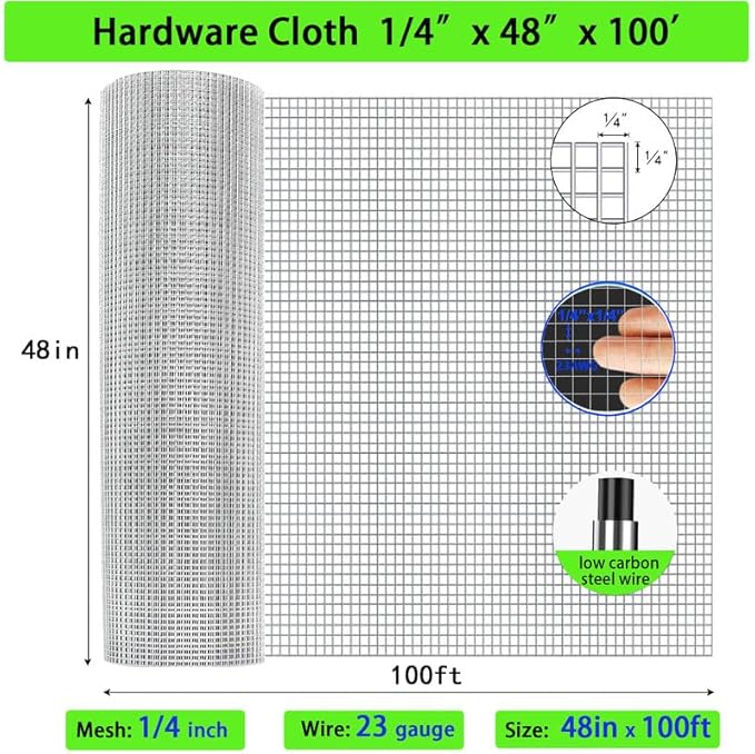 Hardware Cloth 1/4in 4ft x100ft Hot Dip Galvanized Rust Resistant Welded Wire Mesh,23AWG Square Chicken Wire Fence Garden Plants Fencing,Chicken Coop Rabbit Poultry Critters Metal Cage Roll
