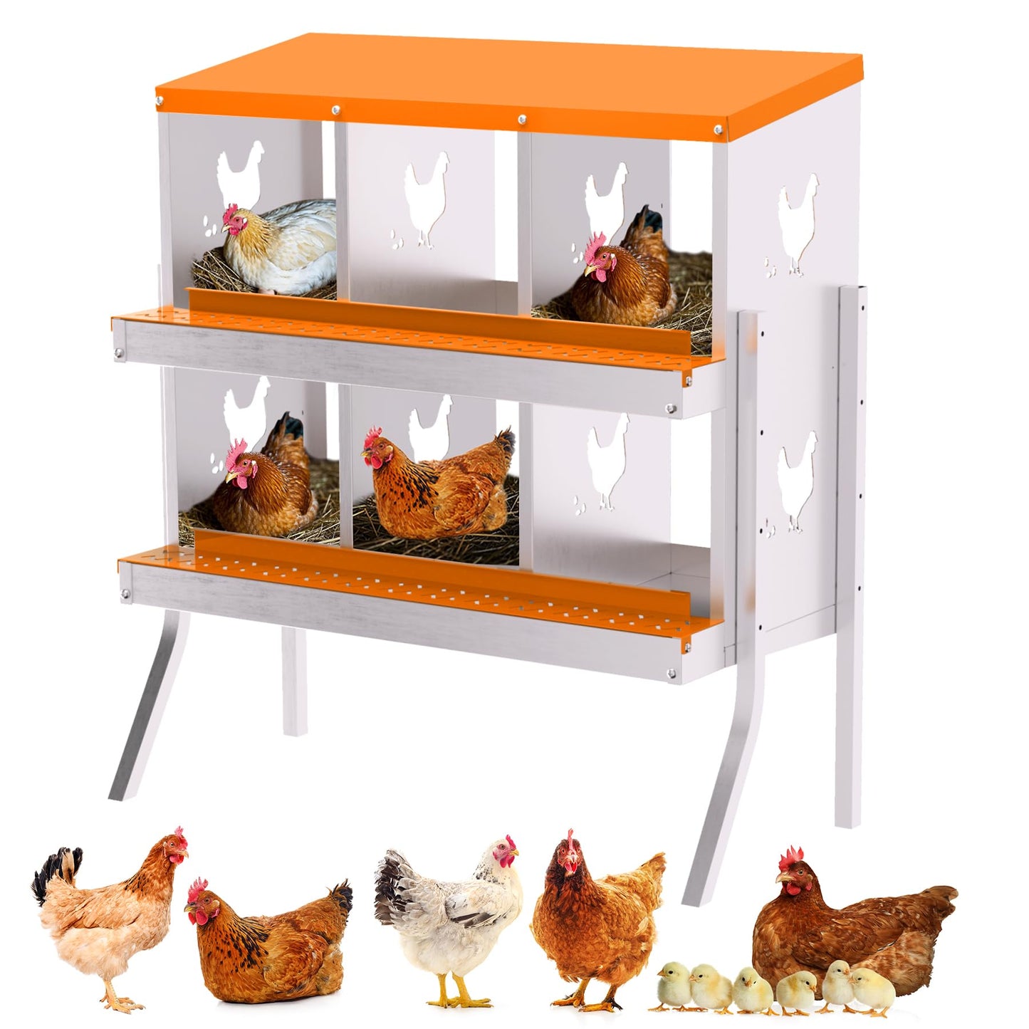 Garvee Chicken Nesting Box with Removable Tray, 6 Compartment Nesting Boxes for Chickens, Easy to Clean and Install, Chicken Laying Boxes for Chicken Coop to Protect Eggs - with Bracket Legs, Orange