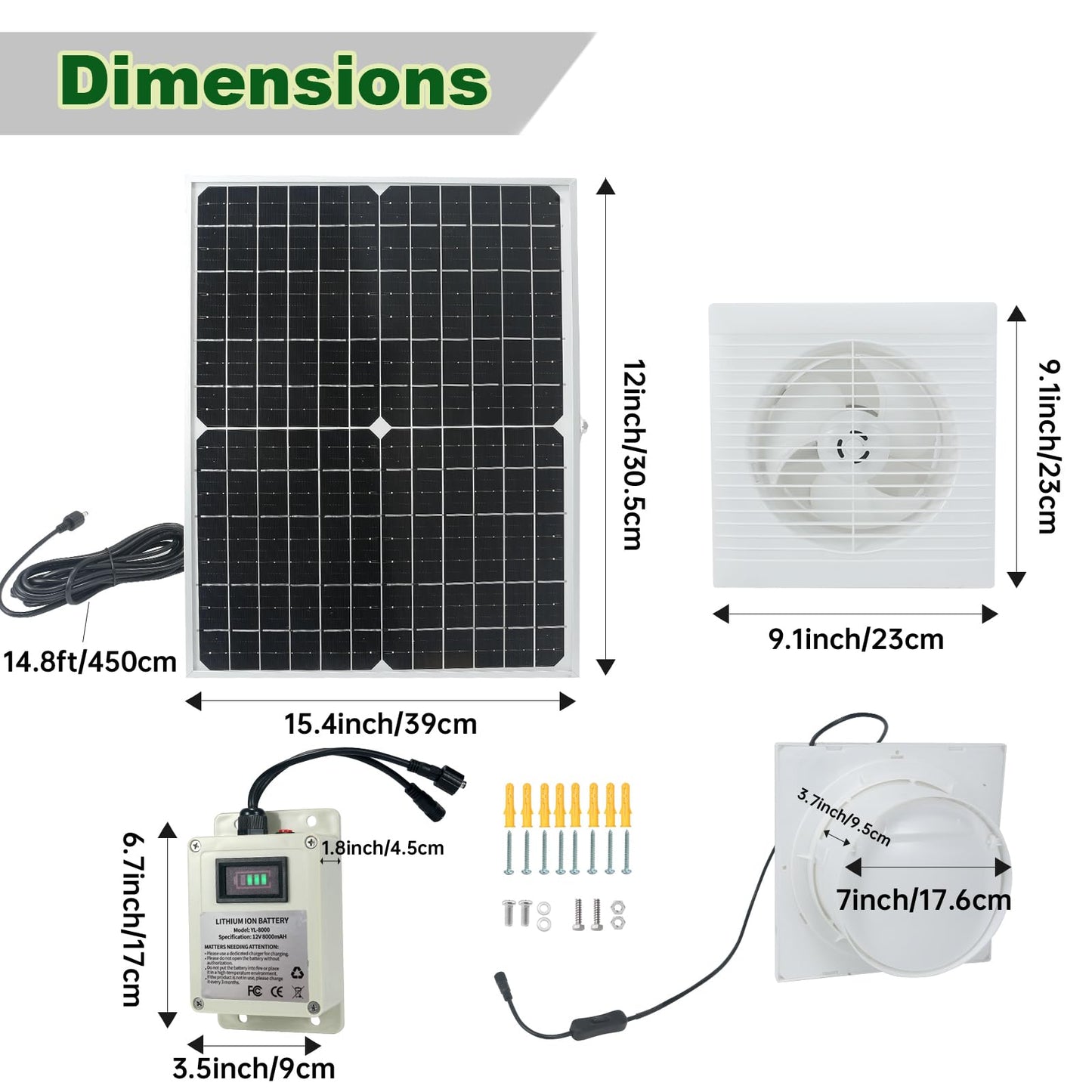 Solar Fan for Chicken Coop with Battery 25W Solar Panel Powered Exhaust Fans with 14.8ft On/Off Switch Cable for Greenhouse, Sheds, Pet Houses, Ventilation, Outside, Greenhouse Air Circulation Garages