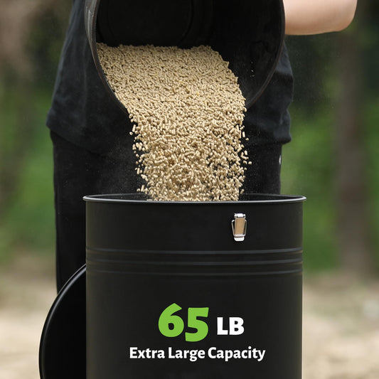 Solution4Patio 65 LB Large Free Standing Chicken Feeding Barrel, Portable Gravity Chicken Feeder Automatic, Dispenser, 16 Feeding Ports Poultry Feeder, Hen Coop (Black)