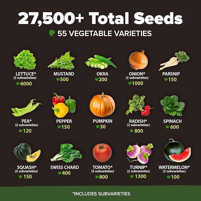 55 Vegetable Seeds & 15 Culinary Herb Seeds Pack – 32,500+ USA Non-GMO Heirloom Seeds for Planting – Survival Garden Kit for Preppers – Gifts for Gardeners Men Women