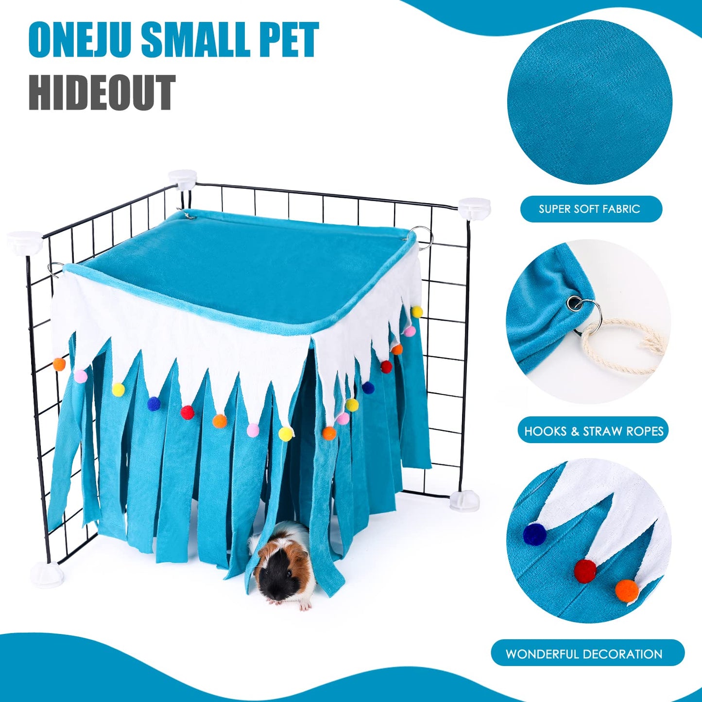 ONEJU Guinea Pig Hideout - Guinea Pig Corner Hideout, Four-Sided Fringes, Square Top and Washable Hides, Ideal Hides for Small Pets, No Metal Fences, Blue
