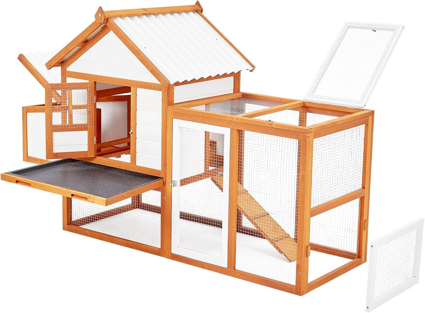Chicken Coop Hen House, Large Walk in Wooden Chicken Duck Coop Accessories for 6/8/10 Chickens, Portable Outdoor Rabbit Hutch, Nesting Box with 5 Access Areas, Wire Fence