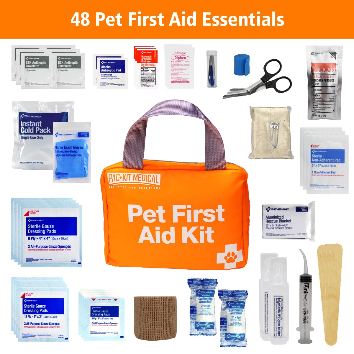 Pac-Kit Pet First Aid Kit for Dogs, Cats, and Other Animals in Soft-Sided Organized Zipper Case, 48 Pieces