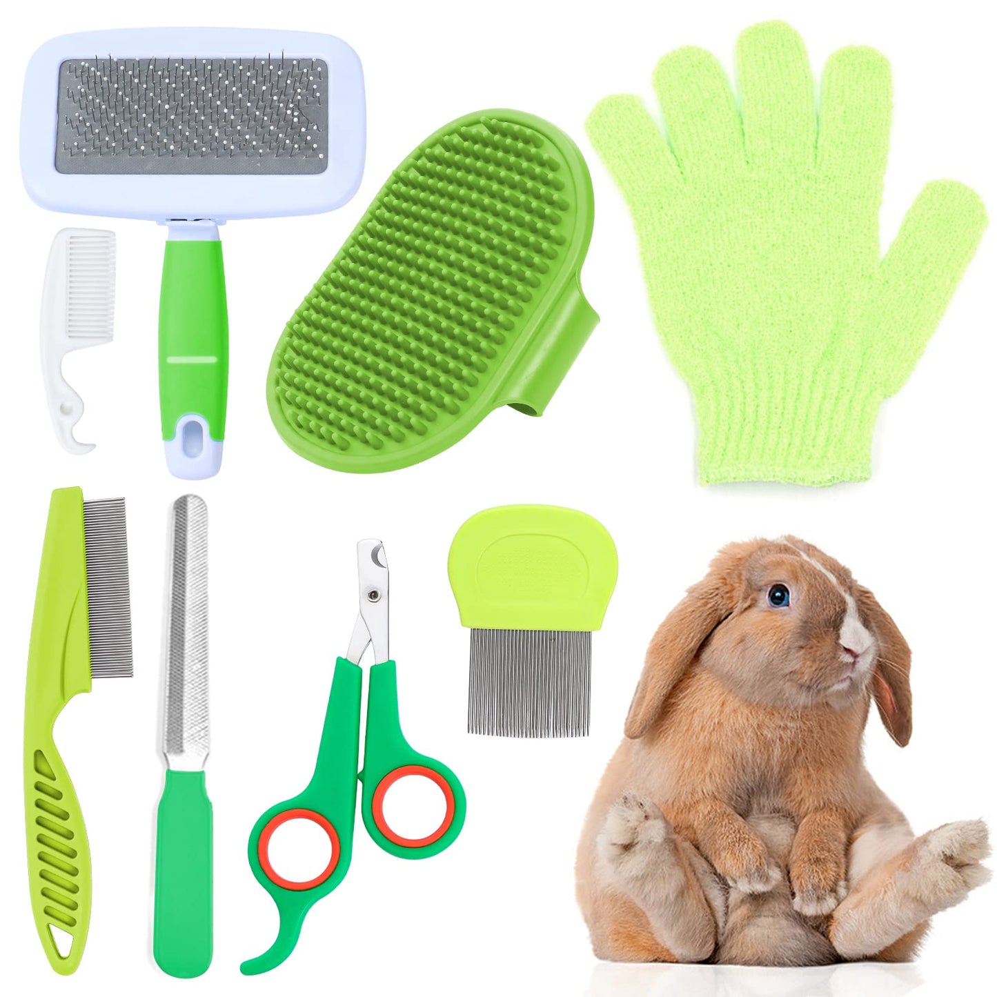 VCZONE 8 Pcs Small Animal Grooming Kit, Pink with Pet Nail Clipper and File, Flea Comb, Pet Shampoo Bath Brush, Pet Shedding Slicker Brush, Bath Massage Glove, Cleaning Comb (Green)