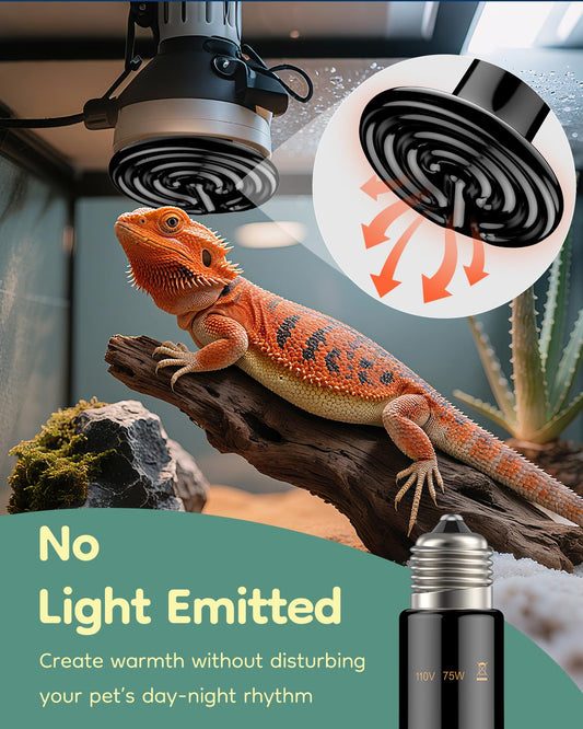 Pawfly 75 W E26 Ceramic Heat Emitter for Reptiles, No Light Emitting Reptile Heat Lamp Bulb, Infrared Ceramics Heat Bulb for Amphibian Chicken Snake Lizard, Ceramic Heat Lamp, Pet Brooder Coop Heater