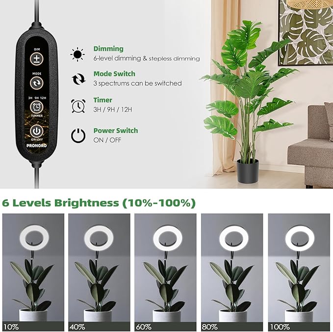 PRONORO Grow Light for Indoor Plants,Full Spectrum LED Grow Light,Standing Grow Light for Large Plants,Auto ON/Off Timer,6 Dimmable Levels,3 Spectrum Lighting Modes,Height Adjustable,20W