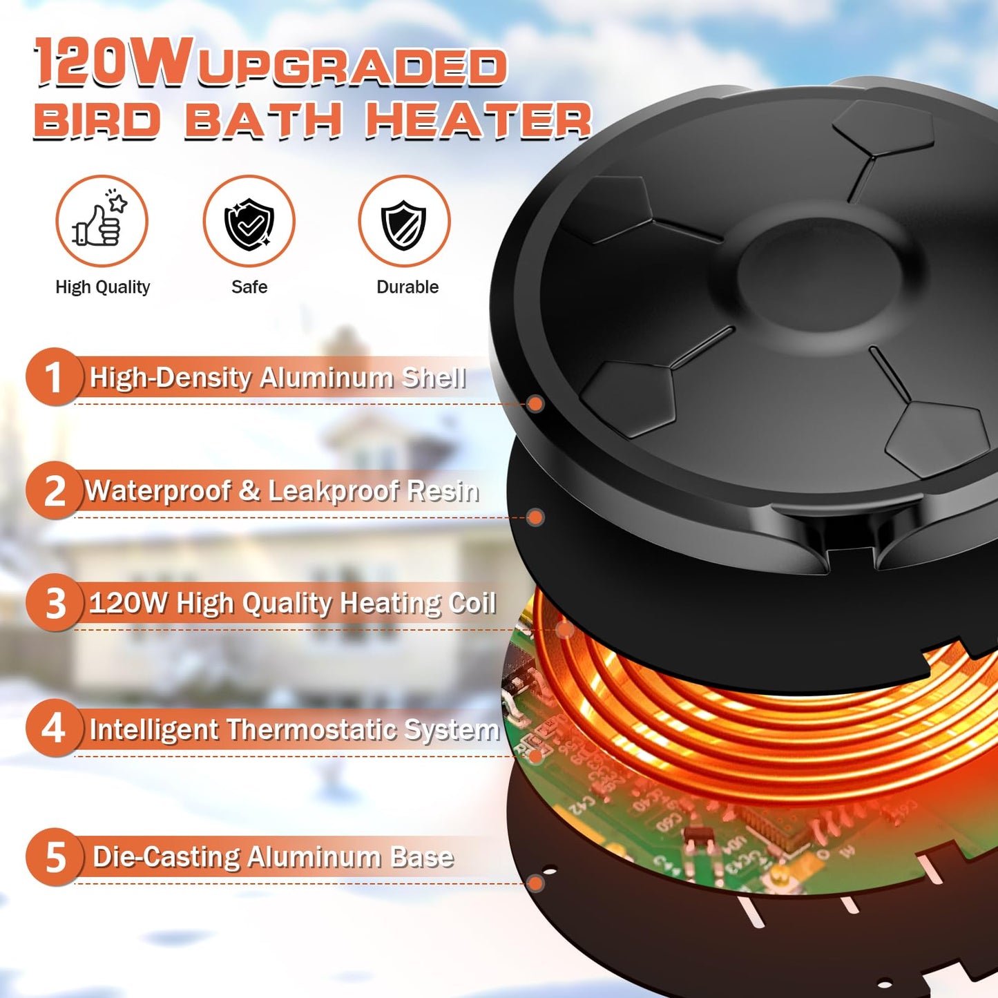 Daoeny Bird Bath Heater, 120W Bird Bath Heaters for Outdoors in Winter, Birdbath Water Heater Full-Covered Aluminum, Heated Bird Bath Pond Deicer Thermostatically Control for Patio Yard Farm (Black)