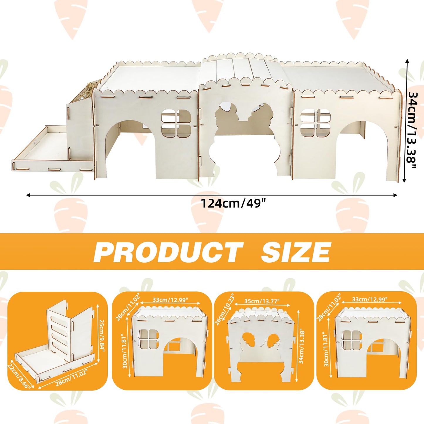 GINDOOR Extra Large Rabbit Hideout Castle with Hay Feeder, Wood Bunny House and Rabbits Hideaway, Indoor Bunny Castle Sturdy Small Animal Play Hideaway Hut for Bunnies, Guinea Pigs, Chinchillas